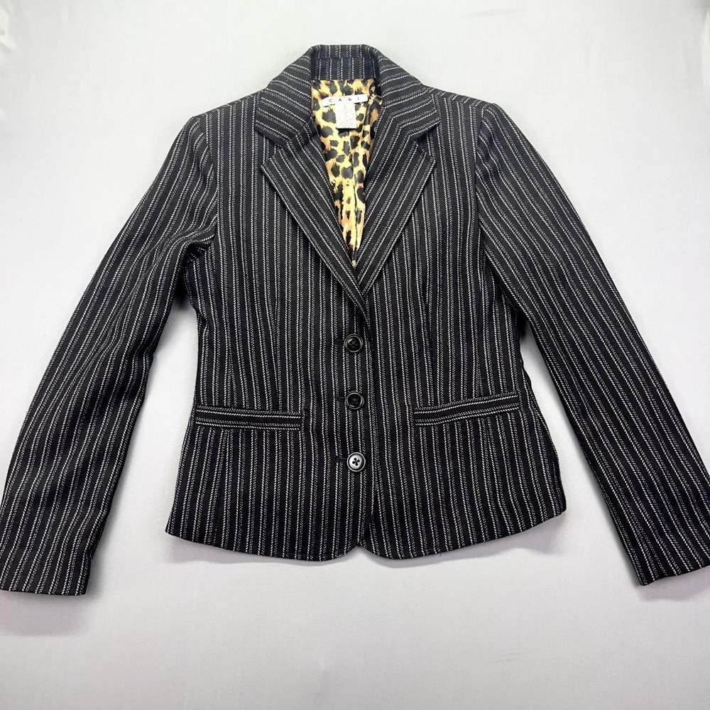 Cabi 364 Pinstripe Blazer Jacket Womens 2 Black White Leopard Print Lining